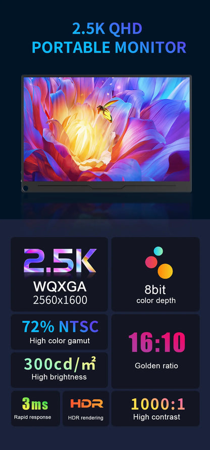13.3 Inch 2.5K Portable Monitor – 2560x1600 External Display for Gaming, Laptop, PS3/PS4, Switch, Mini PC, Tablet
