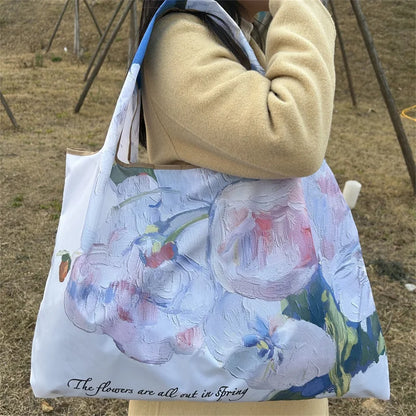Flower Oil Painting Foldable Reusable Shopping Bag – Large Capacity Portable Shoulder Tote for Travel, Grocery & Beach Storage Handbag