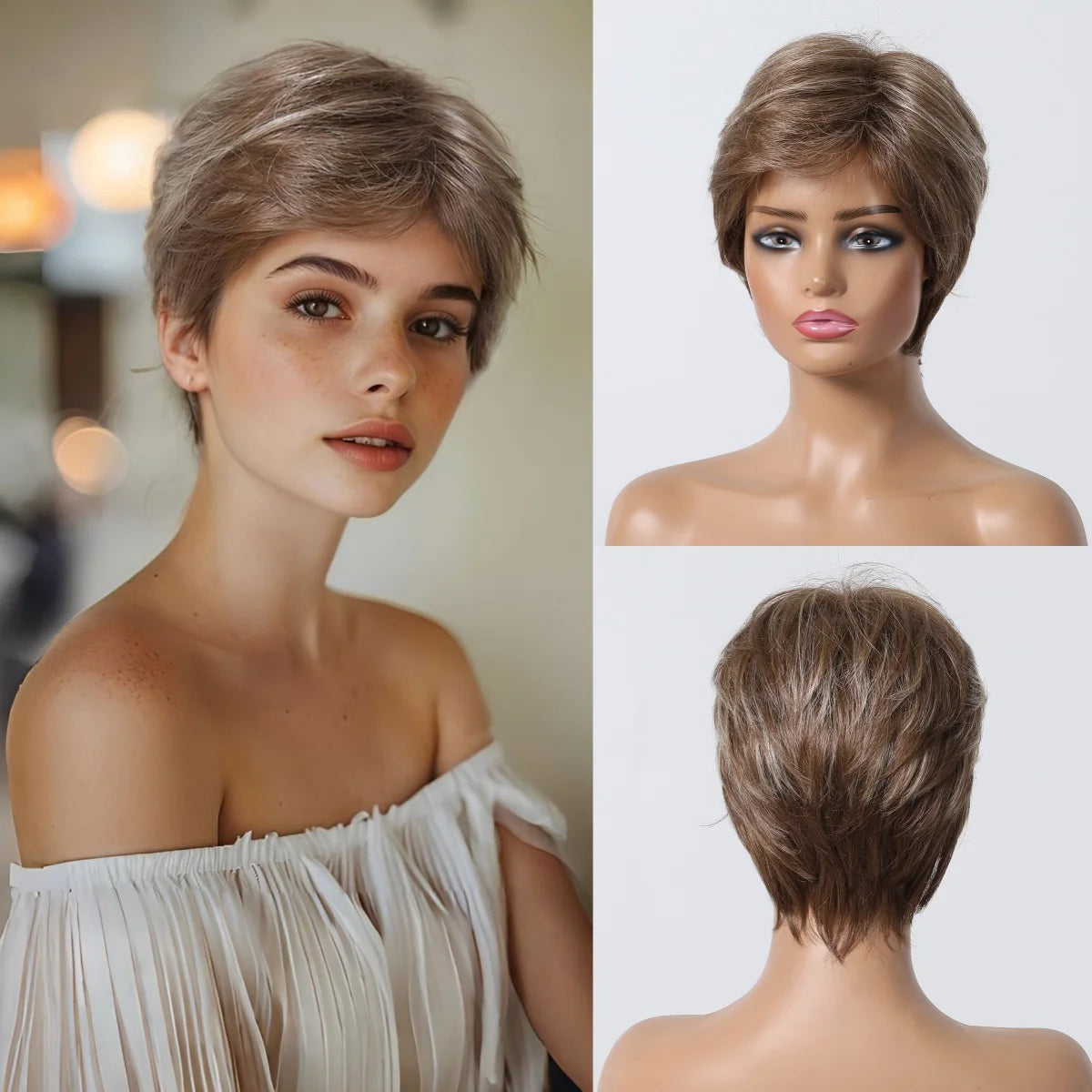 Short Pixie Cut Grey Human Hair Wig – 8 Inch Layered Fashion Wig for Women, Daily Use, Machine Made