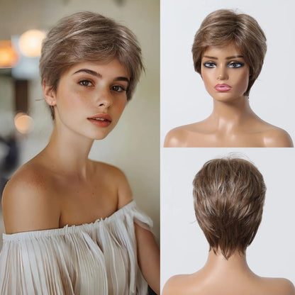 Short Pixie Cut Grey Human Hair Wig – 8 Inch Layered Fashion Wig for Women, Daily Use, Machine Made