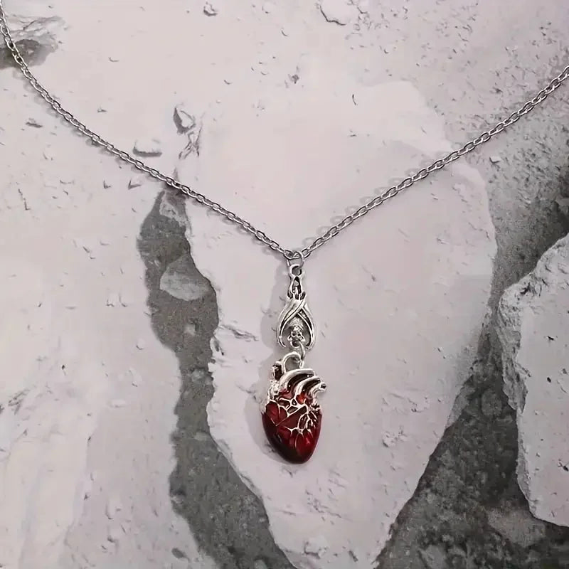 Gothic Vampire Bat & Bloody Heart Pendant Necklace – Pagan Witch Jewelry, Anatomy Heart Halloween Accessory Gift
