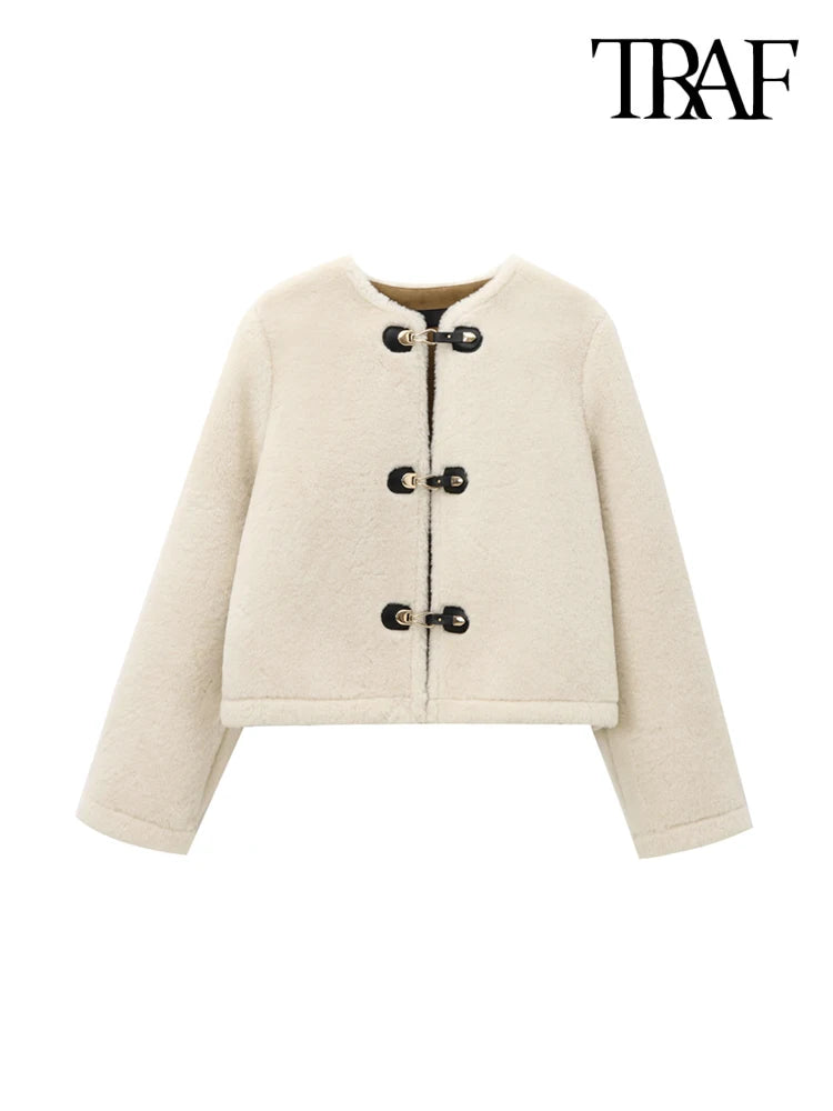 TRAF Women’s Thick Warm Faux Fur Jacket – Long Sleeve Coat with Front Toggle, Chic Fashion Outerwear