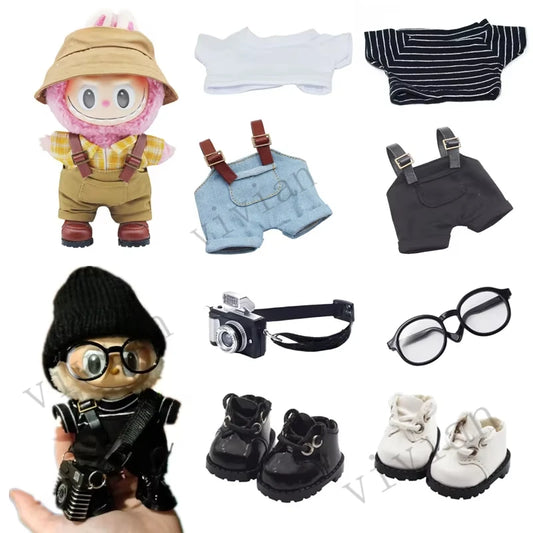 17cm Labubu V1/V2 Doll Clothes Set – Striped Overalls, Hat, Glasses & Shoes | Cool Mini Doll Outfit Gift