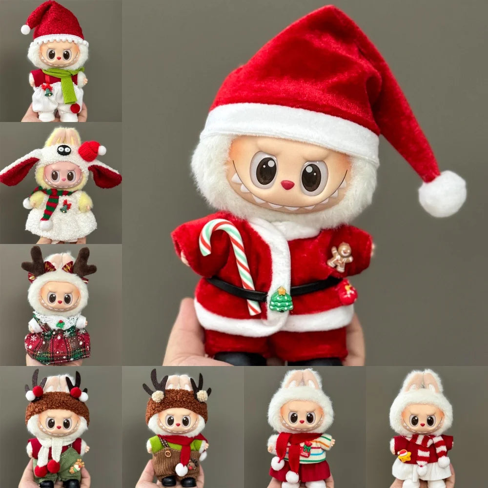 15–17cm Labubu Doll Clothes – Christmas Hat, Scarf & Elk Snowman Plush Outfit Set, New Year Gift