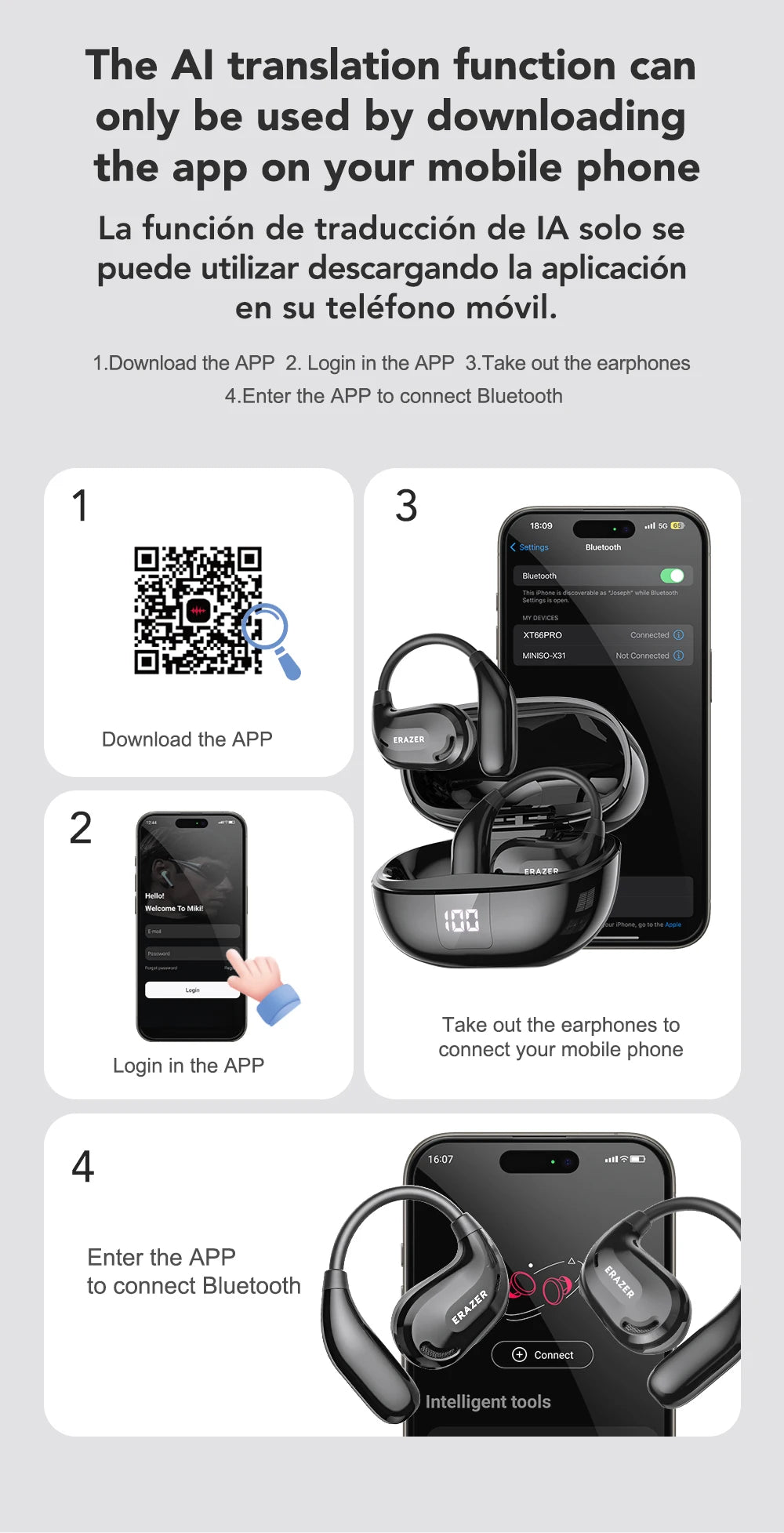 ERAZER XT66PRO Bluetooth Earphones – ASMR Headsets, DIY App, AI Translator, Wireless Earbuds with 13-Hour Battery Life & Display