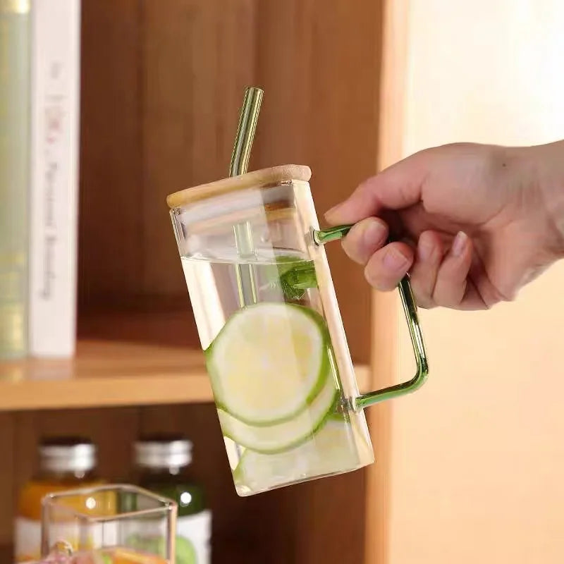 400ml Square Glass Mug with Lid and Straw: Microwave-Safe Breakfast Milk Cup for Coffee, Beer, or Party Drinks - Transparent Drinkware