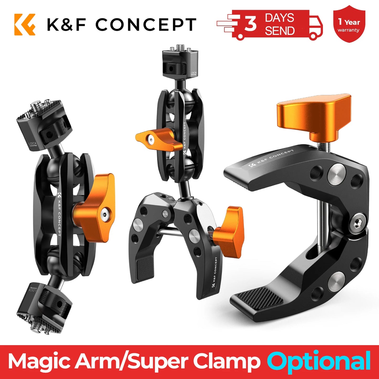 K&F Concept Multi-Functional Super Clamp with Double 360° Ball Head Magic Arm for GoPro, Insta360, DJI Osmo Action Camera, and Phone