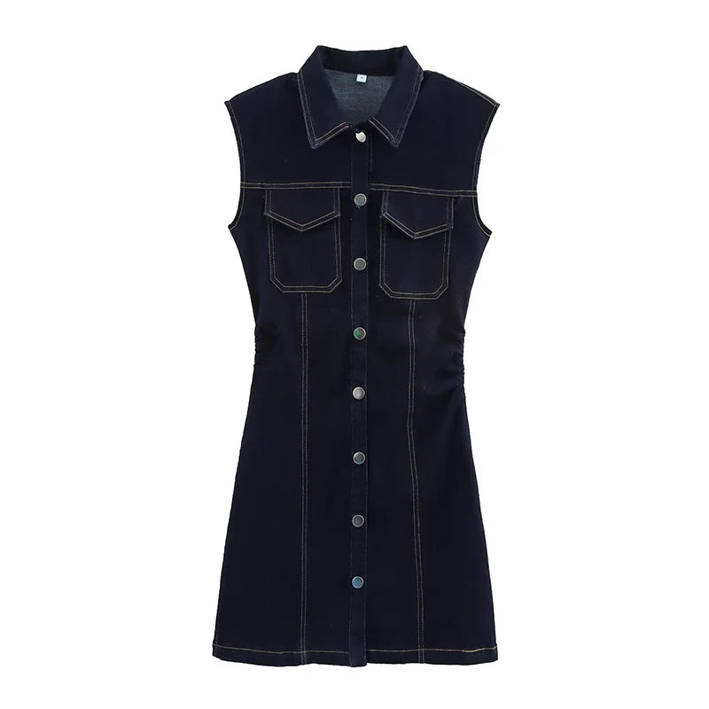 Elegant Pleated Denim Dress for Women – 2025 Chic Slim Fit Lapel Vestido with Short Sleeves & Single-Breasted Design