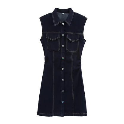 Elegant Pleated Denim Dress for Women – 2025 Chic Slim Fit Lapel Vestido with Short Sleeves & Single-Breasted Design