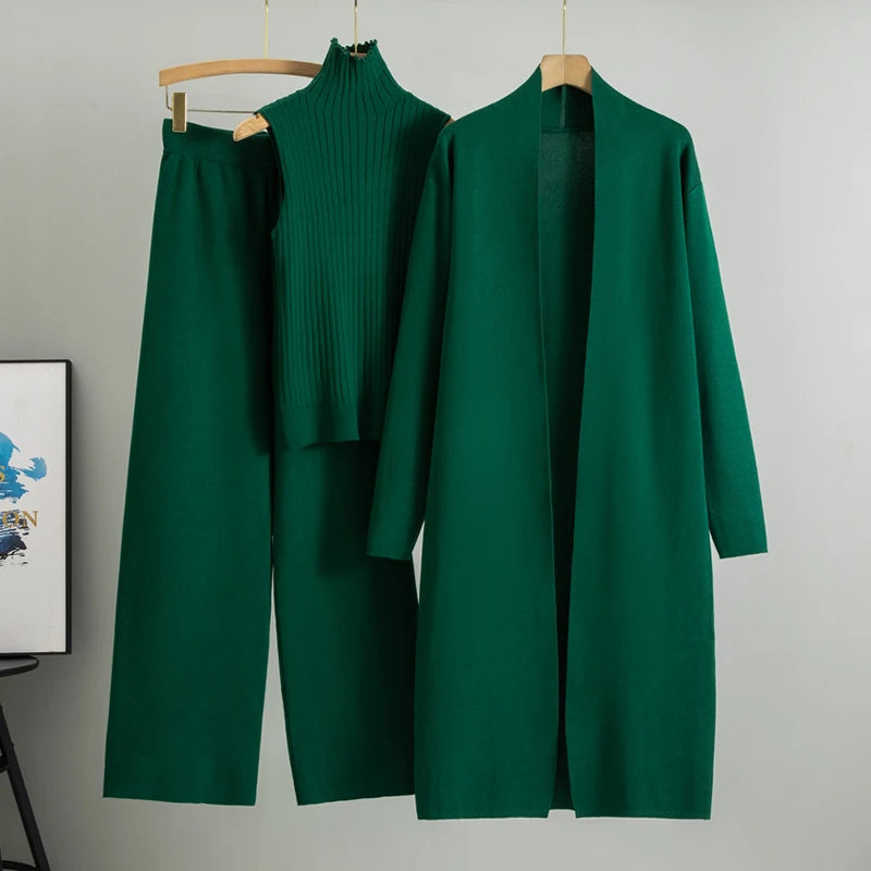 2025 Women’s 3-Piece Knitted Set – Elegant Winter & Autumn Cardigan, Sweater, and Wide-Leg Pants