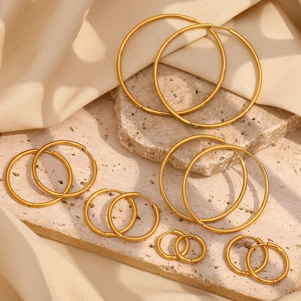 E.B.belle Minimalist Stainless Steel Hoop Earrings — 14K Gold-Plated Small, Medium & Large Loops for Women