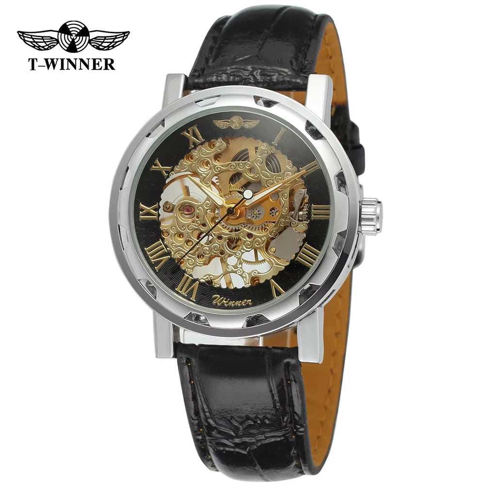T-Winner Classic Skeleton Watch – Mechanical Hand-Wind Wristwatch with PU Leather Strap for Men & Women