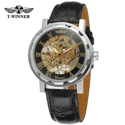 T-Winner Classic Skeleton Watch – Mechanical Hand-Wind Wristwatch with PU Leather Strap for Men & Women