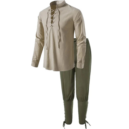 Men's Medieval Knight Costume Set – Renaissance Pirate Shirt & Ankle Pants Halloween Cosplay in Cotton Linen