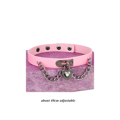 Pink Gothic Collar Necklace – Trendy Rock Leather Heart with Rivets, Harajuku Punk Choker Jewelry for Women, Gift Idea
