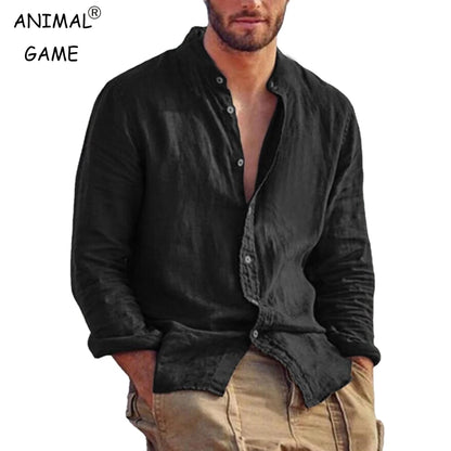 Men's Linen Stand Collar Shirt - Lightweight Breathable Long Sleeve Casual Shirt