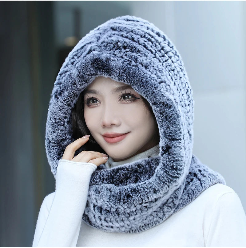 2025 Women’s Knitted Rex Rabbit Fur Hat – Hooded Scarf with Neck Collar, Long Winter Warm Fur Hat & Scarf Set