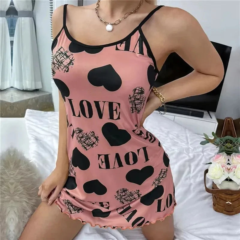 Women’s Cute Cartoon Nightgown - Sexy Halter Back Summer Pajamas & Home Wear Short Dress