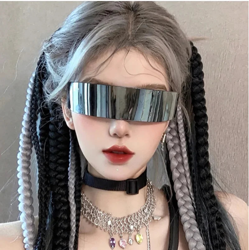 Y2K Future Warrior Rimless Sunglasses – One Piece Lens Cyber Punk Wrap Around Sun Glasses for Men & Women, Hip Hop Party Style