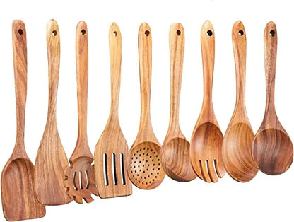 1–10PCS Teak Wooden Cooking Spoons – Smooth Non-Stick Wooden Utensils Set for Kitchen Cooking