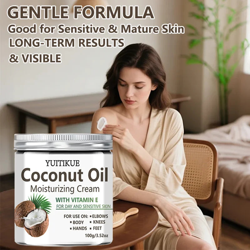 Coconut Oil Moisturizing Cream with Vitamin E - Day & Sensitive Skin Care for Hands, Feet, Elbows & Knees 100g