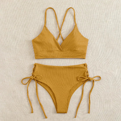 Cikini V-Neck Split Bikini Set – Sexy Lace-Up Triangular Solid Color Swimwear for Women