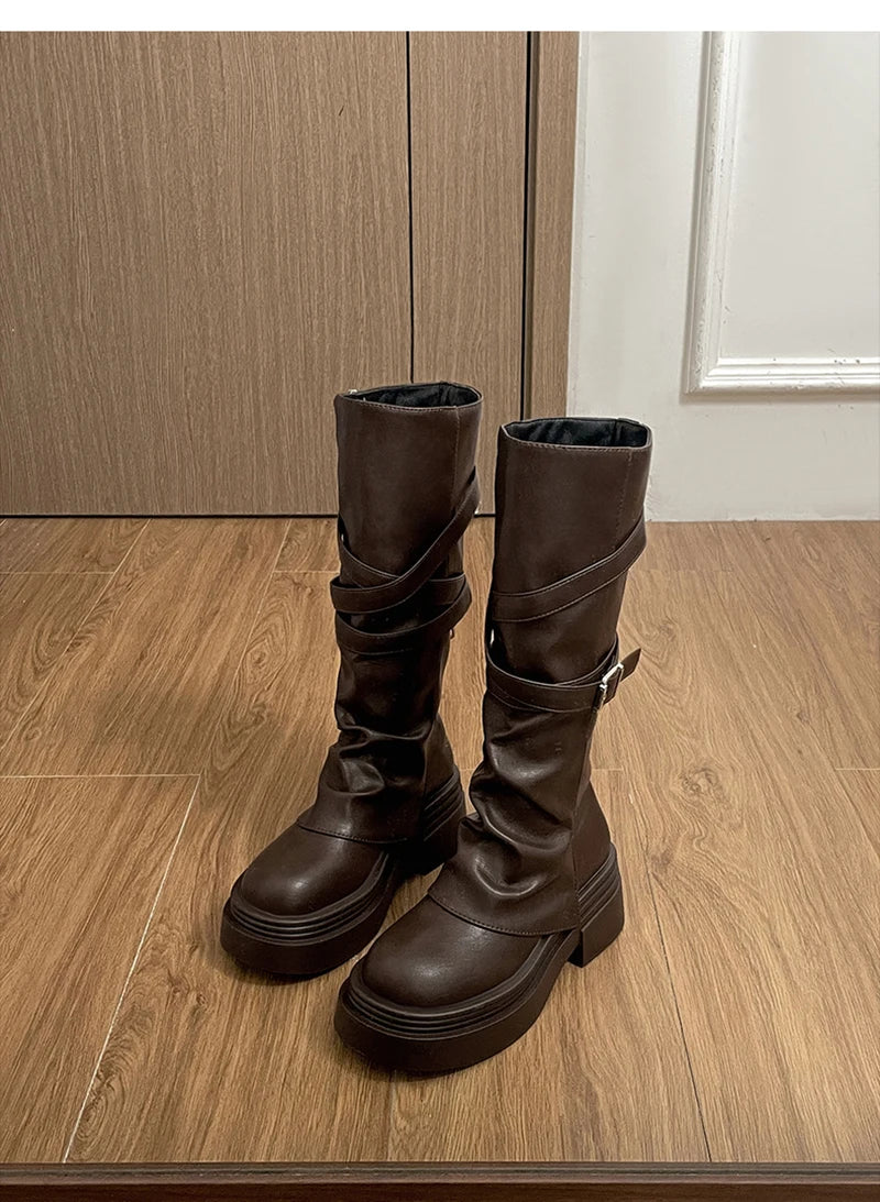 Vintage Thick Heel Women’s Knee-High Boots – Slip-On Fashion Booties for Autumn & Winter