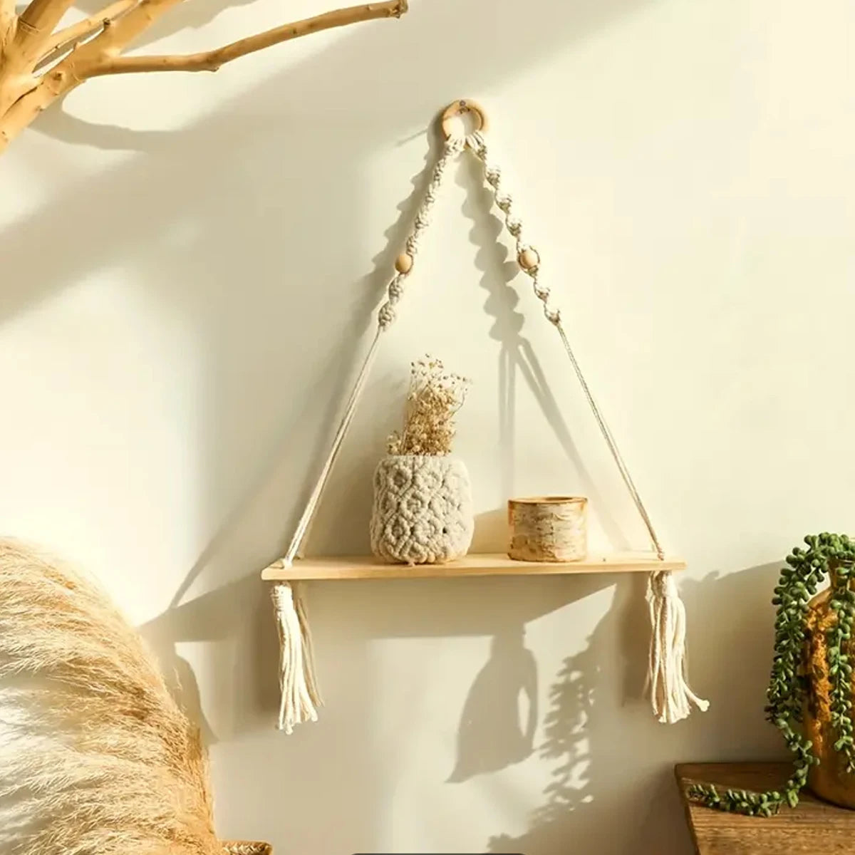 Macrame Hanging Shelf | Boho Wall Decor for Bedroom and Nursery | Rustic Wood Floating Shelves for Living Room and Bathroom | 1 PC