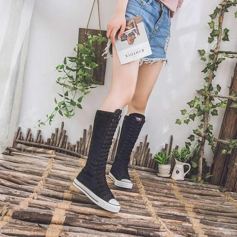 Women's High-Top Canvas Boots - Korean-Style Lace-Up Zipper Shoes with Comfortable Fit