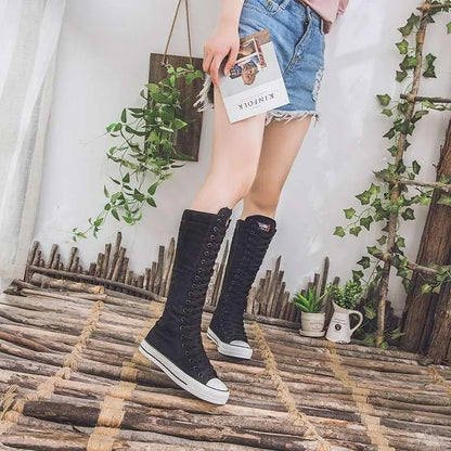 Women's High-Top Canvas Boots - Korean-Style Lace-Up Zipper Shoes with Comfortable Fit