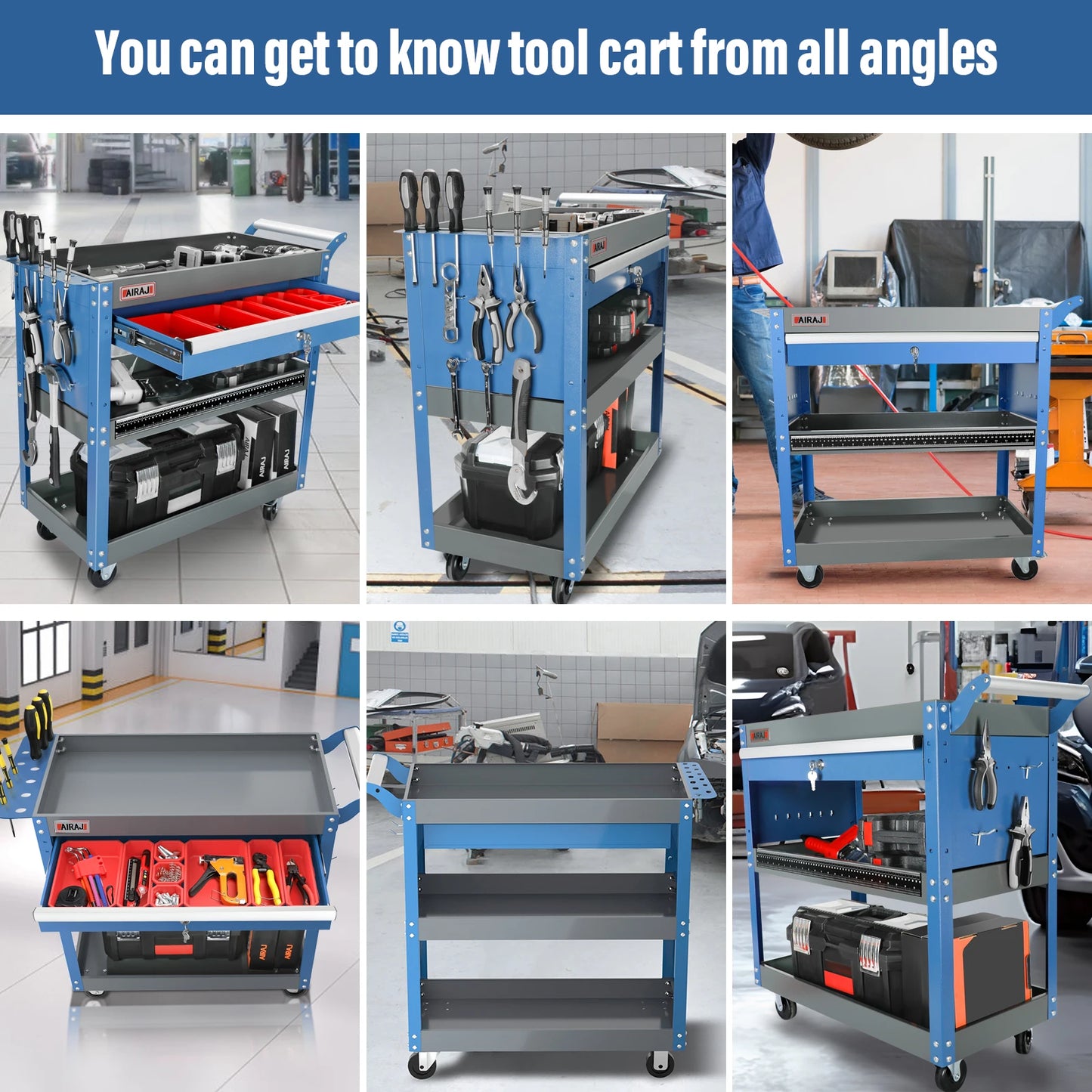 AIRAJ 3-Tier Rolling Tool Cart — Heavy-Duty Metal Mechanic Utility Cart with Drawers, Wheels & Pegboard