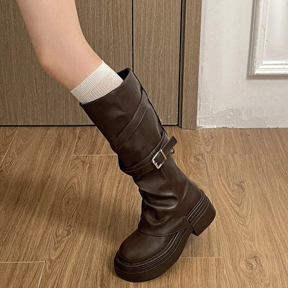 Vintage Thick Heel Women’s Knee-High Boots – Slip-On Fashion Booties for Autumn & Winter