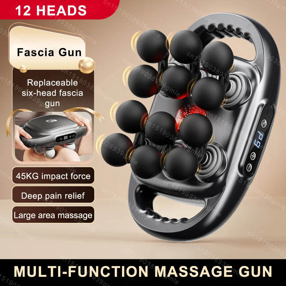 Fascia Massage Gun with 12/8 Heads — Electric Deep Tissue Muscle Relaxation Gun, High-Frequency Back & Body Massager