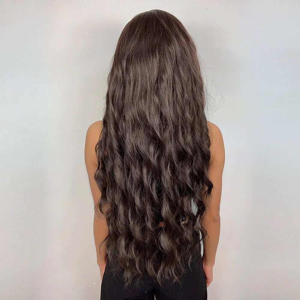 HAIRCUBE Long Brown Curly Wavy Wig: Synthetic Middle Part Wig for Women - Heat Resistant, Perfect for Any Occasion