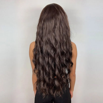 HAIRCUBE Long Brown Curly Wavy Wig: Synthetic Middle Part Wig for Women - Heat Resistant, Perfect for Any Occasion