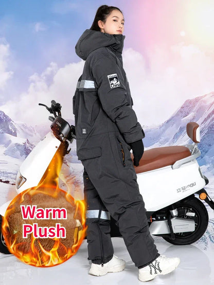 Winter Waterproof Windproof Motorcycle & Ski All-in-One Suit — Thick Plush Cold-Proof Riding Jacket