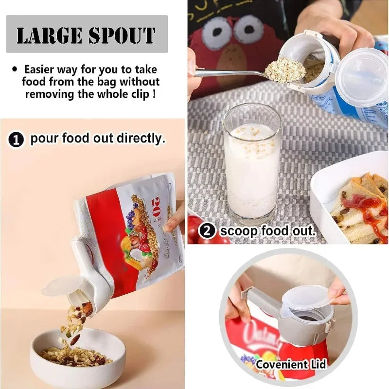Food Storage Bag Clips with Pour Spouts - Kitchen Chip Sealer Clips, Plastic Cap for Freshness