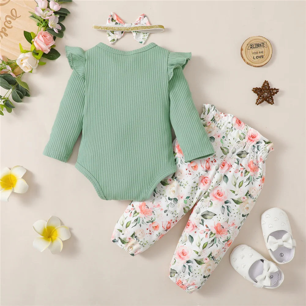 3-Piece Baby Girl Clothes Set – Long Sleeve Romper, Flower Pants & Headband, Spring & Autumn Outfit for 0-18 Months