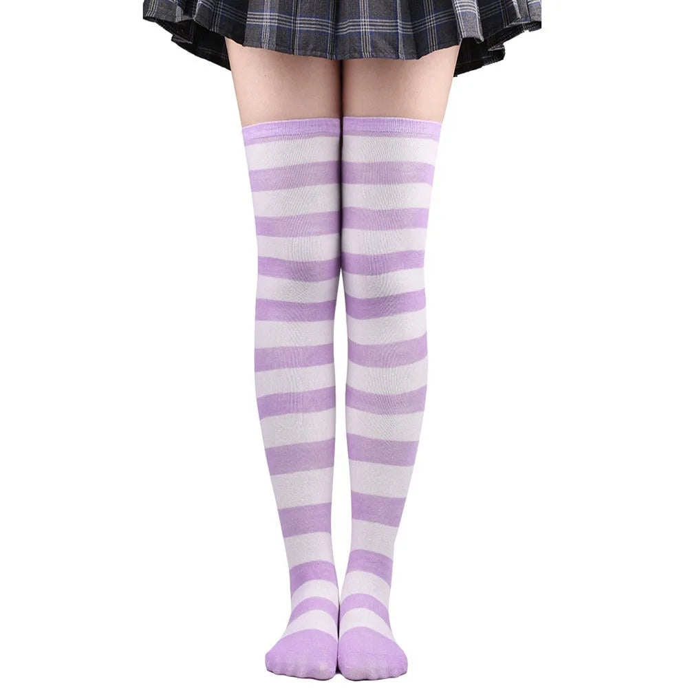 Color Striped Japanese Over-Knee Socks – Fashionable Slim Fit Black & White Stockings for Women