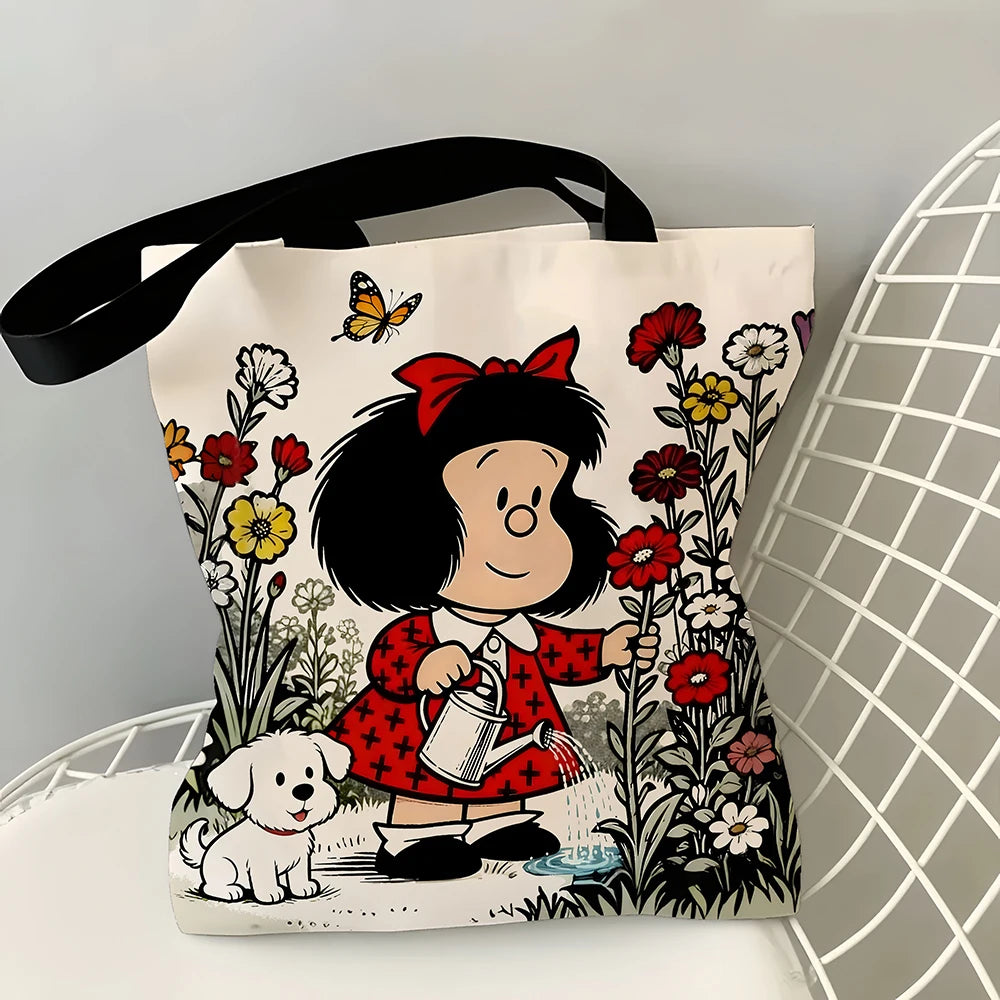 Vintage Cartoon Girl & Puppy Gardening Tote Bag – Cute Floral Watering Scene Canvas Shopper with Butterfly Design, Large Capacity Casual Handbag