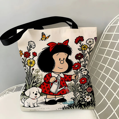 Vintage Cartoon Girl & Puppy Gardening Tote Bag – Cute Floral Watering Scene Canvas Shopper with Butterfly Design, Large Capacity Casual Handbag