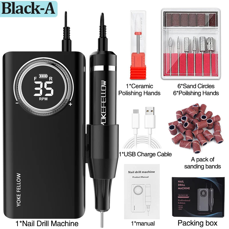YOKEFELLOW Professional Nail Drill Kit – 35000RPM Rechargeable Electric Nail File for Manicure, Acrylic & Gel Nails