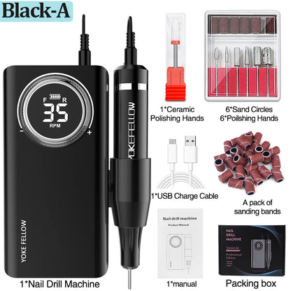 YOKEFELLOW Professional Nail Drill Kit – 35000RPM Rechargeable Electric Nail File for Manicure, Acrylic & Gel Nails