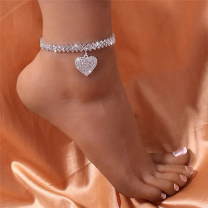 Women's Premium Copper Inlaid Water Diamond Love Foot Chain Bracelet – Elegant Wedding & Party Fashion Jewelry