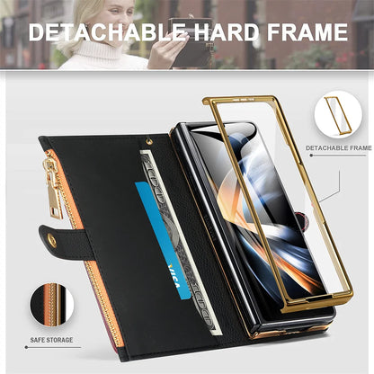 Leather Card Wallet Case with S Pen Slot for Samsung Galaxy Z Fold 6/5/4/3/2 — Multifunctional Zipper Protection Cover