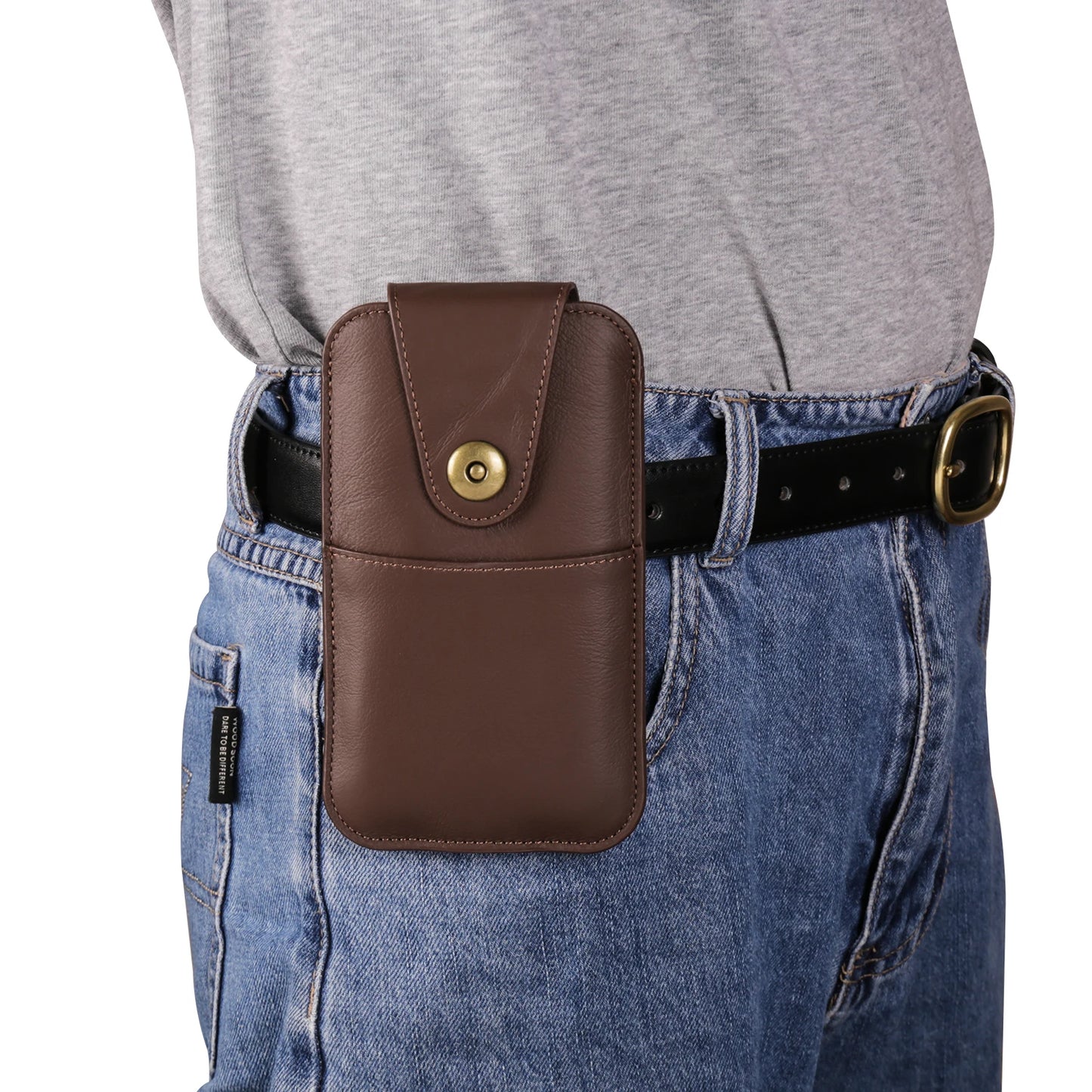 Genuine Cow Leather Phone Pouch – Men’s Waist Bag Holster for iPhone 7 to 16 Pro Max