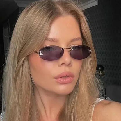 Diamond Letter "F" Rimless Sunglasses | Women’s Luxury Metal Frame Black Oval UV400 Shades