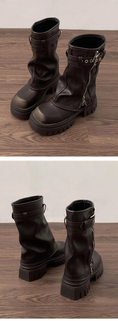 Women’s Winter Biker Boots – Fashion Belt Buckle Platform Short Booties, Casual Knight-Style Flats