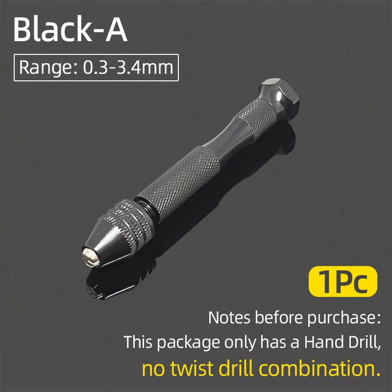 Mini Aluminum Hand Drill 0.3–3.4mm – Keyless Chuck Micro Rotary Tool with HSS Twist Drill Bit Set for Wood & DIY Crafts