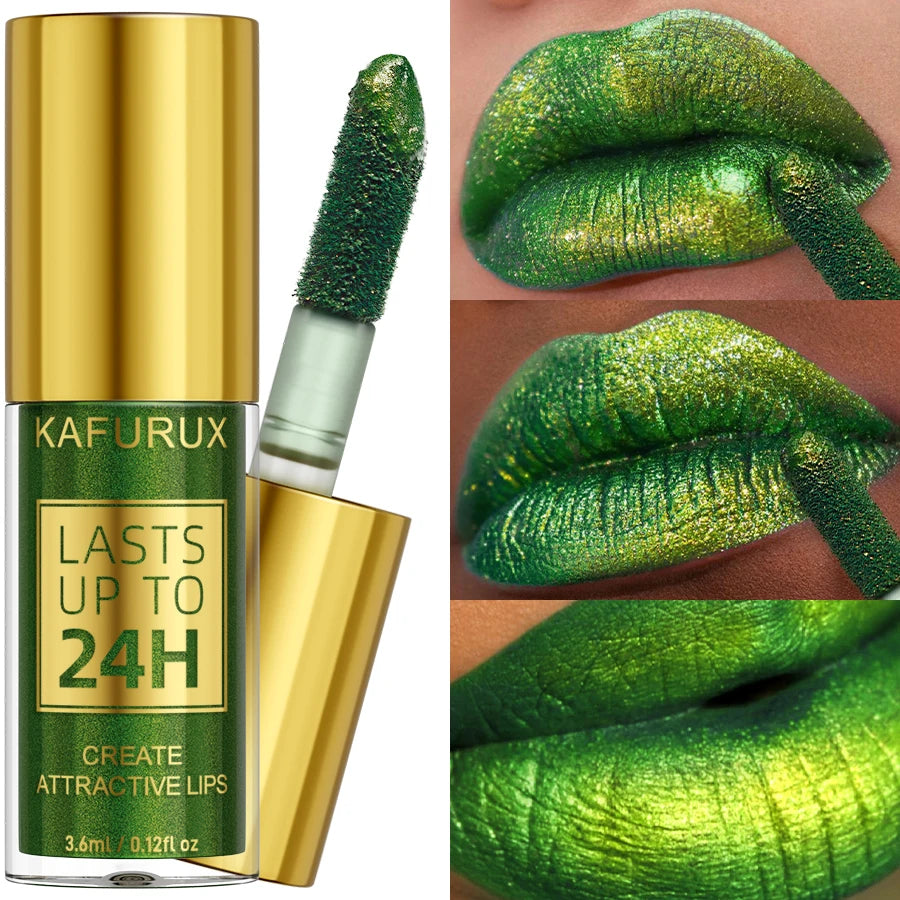 Green Glitter Lip Glaze – Waterproof, Long-Lasting Metallic Lip Gloss with Bold Pearlescent Tint Makeup